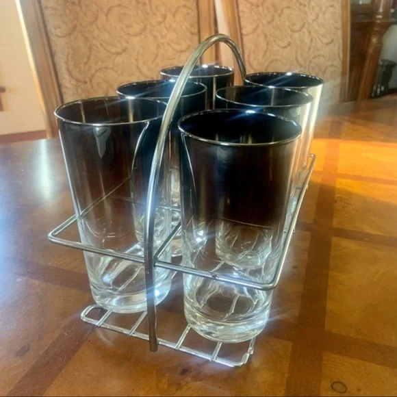 Vintage 50’s Queens Lustreware MCM Gray Silver Fade Ombré Glass Set With Caddy